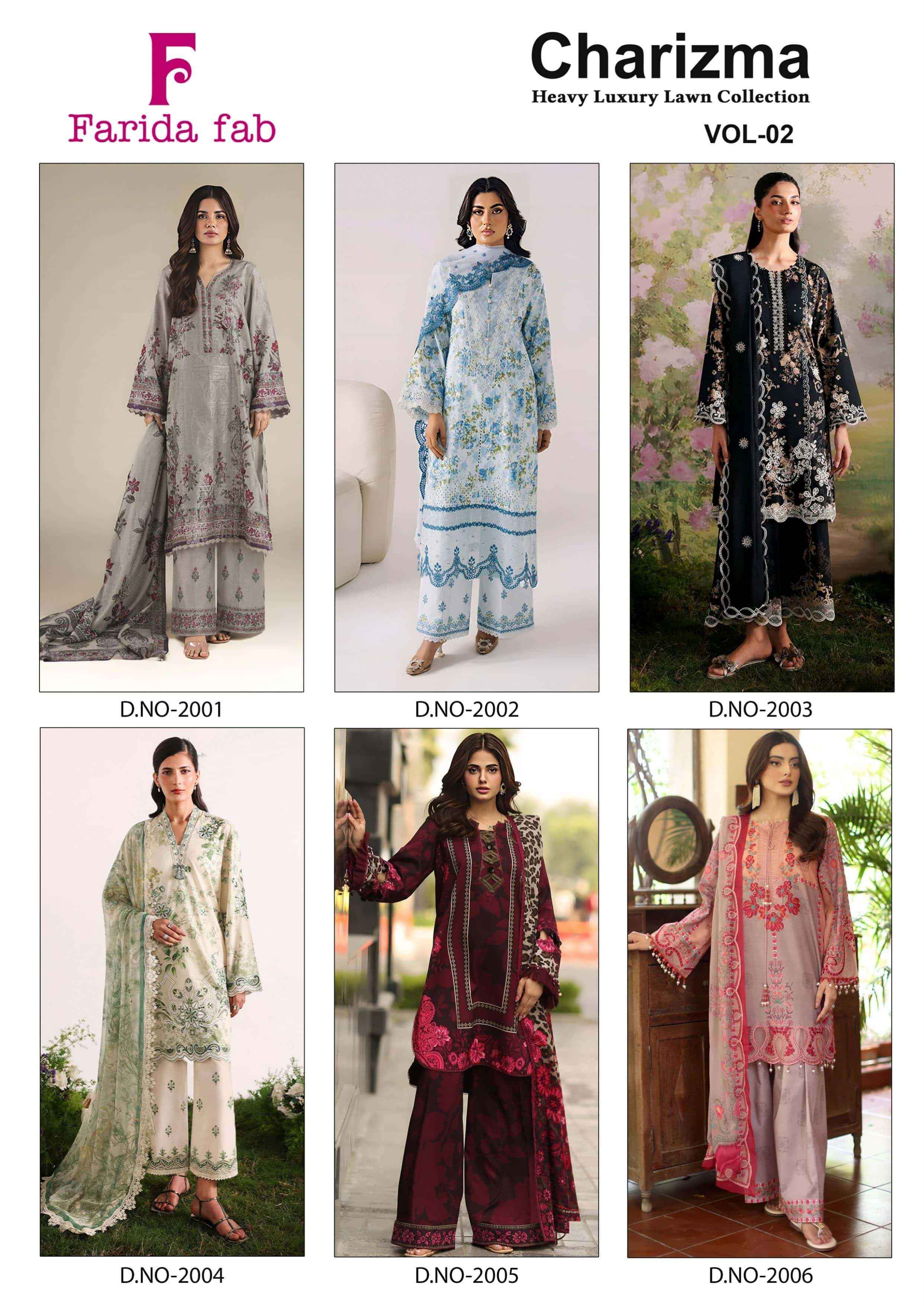 Farida Fab Charizma Vol 2 Heavy Luxury Lawn Collection Dress Material 6 Pcs Catalog 