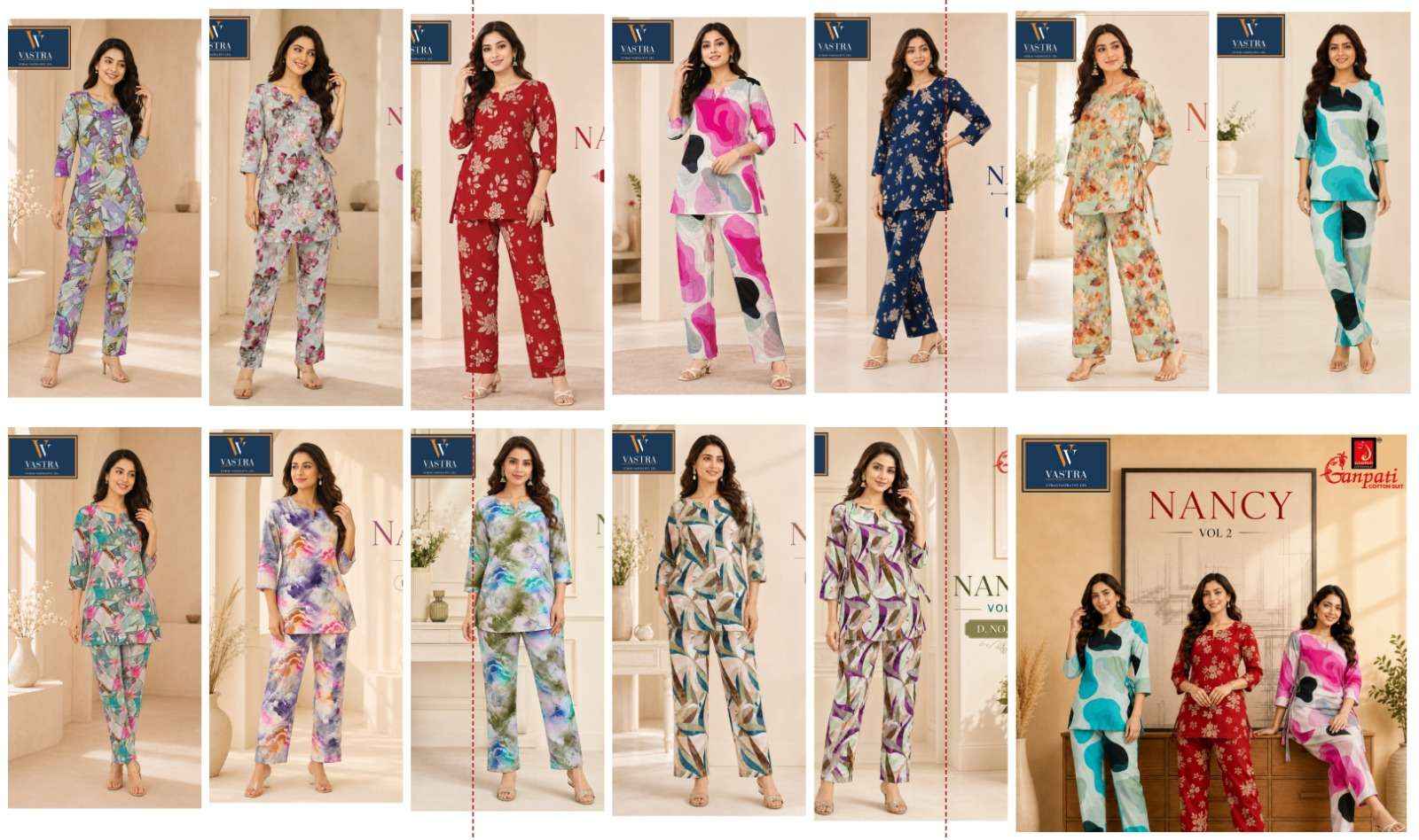 GANPATI NANCY VOL 2 RAYON PRINTED CO-ORD SET 12 PCS CATALOGUE
