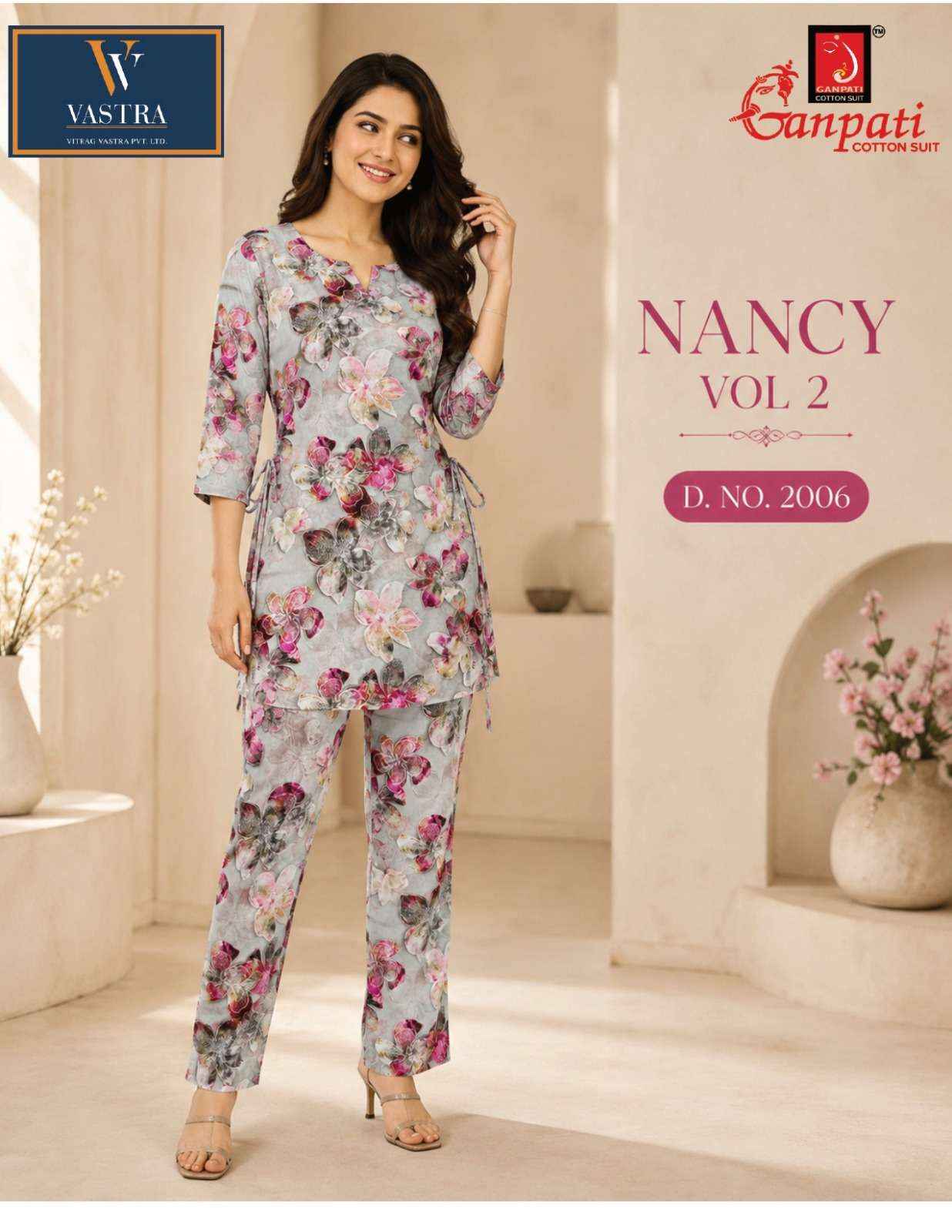 GANPATI NANCY VOL 2 RAYON PRINTED CO-ORD SET 12 PCS CATALOGUE