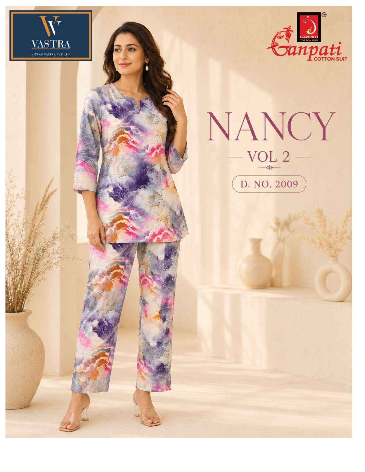 GANPATI NANCY VOL 2 RAYON PRINTED CO-ORD SET 12 PCS CATALOGUE