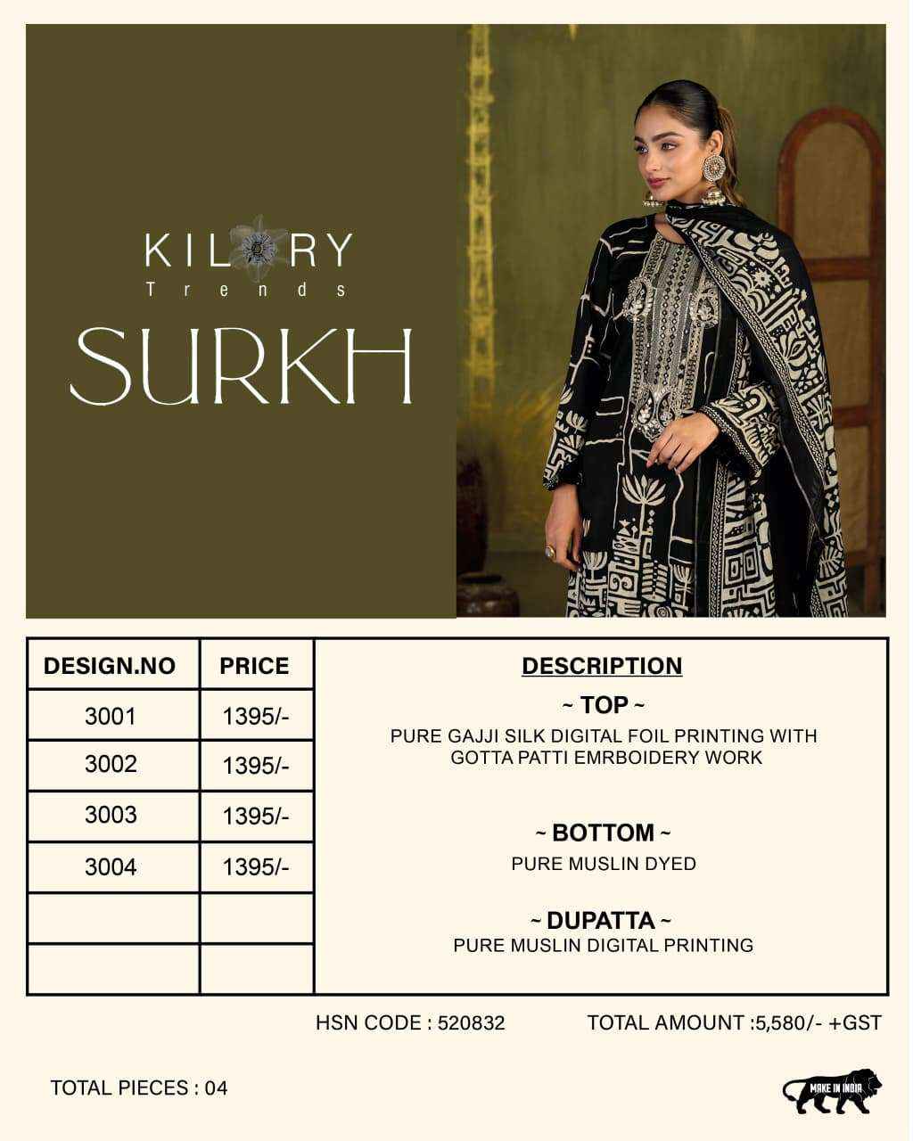 Kilory Surkh Pure Gajji Silk Ladies Dress Material 4 Pcs Catalog 
