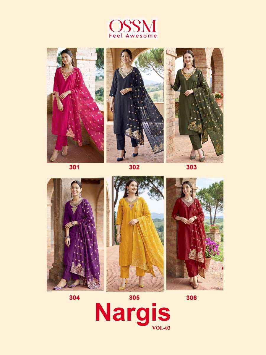 Ossm Nargis Vol 3 Premium Style Kurti Bottom Dupatta 6 Set Wholesalers