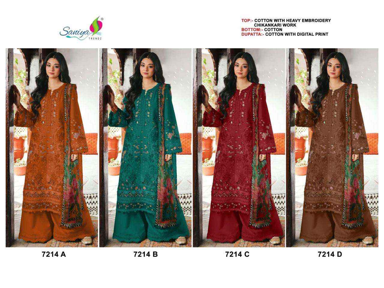 Saniya Trendz 7214 Abcd Unstitch Pakistani Dress Material 4pcs Catalog