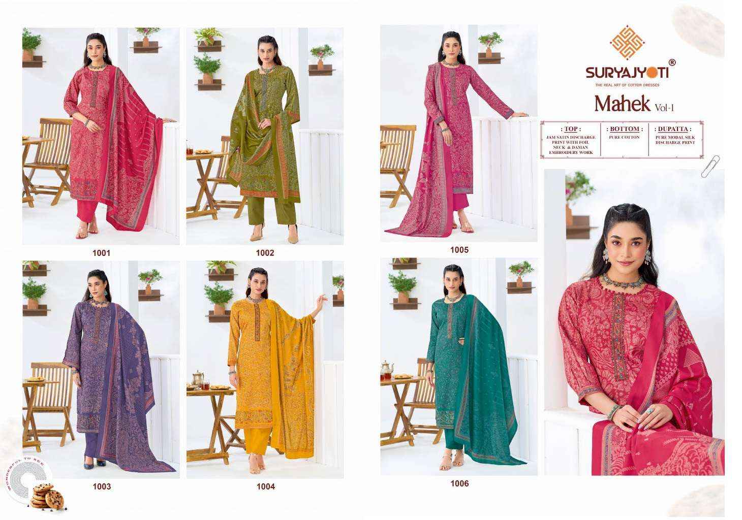 SURYAJYOTI MAHEK VOL 1 JAM SATIN PRINT WITH EMBROIDERY WORK SUIT 6 PCS CATALOG 