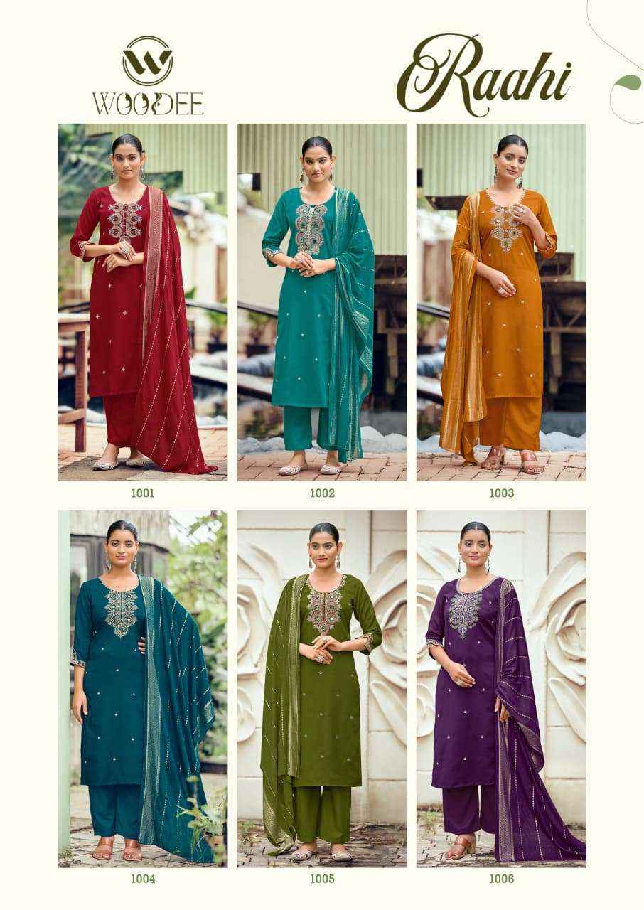 Woodee Raahi Premium Designs 3 Piece Suit Catalog Suppliers 6 Pcs Catalog 