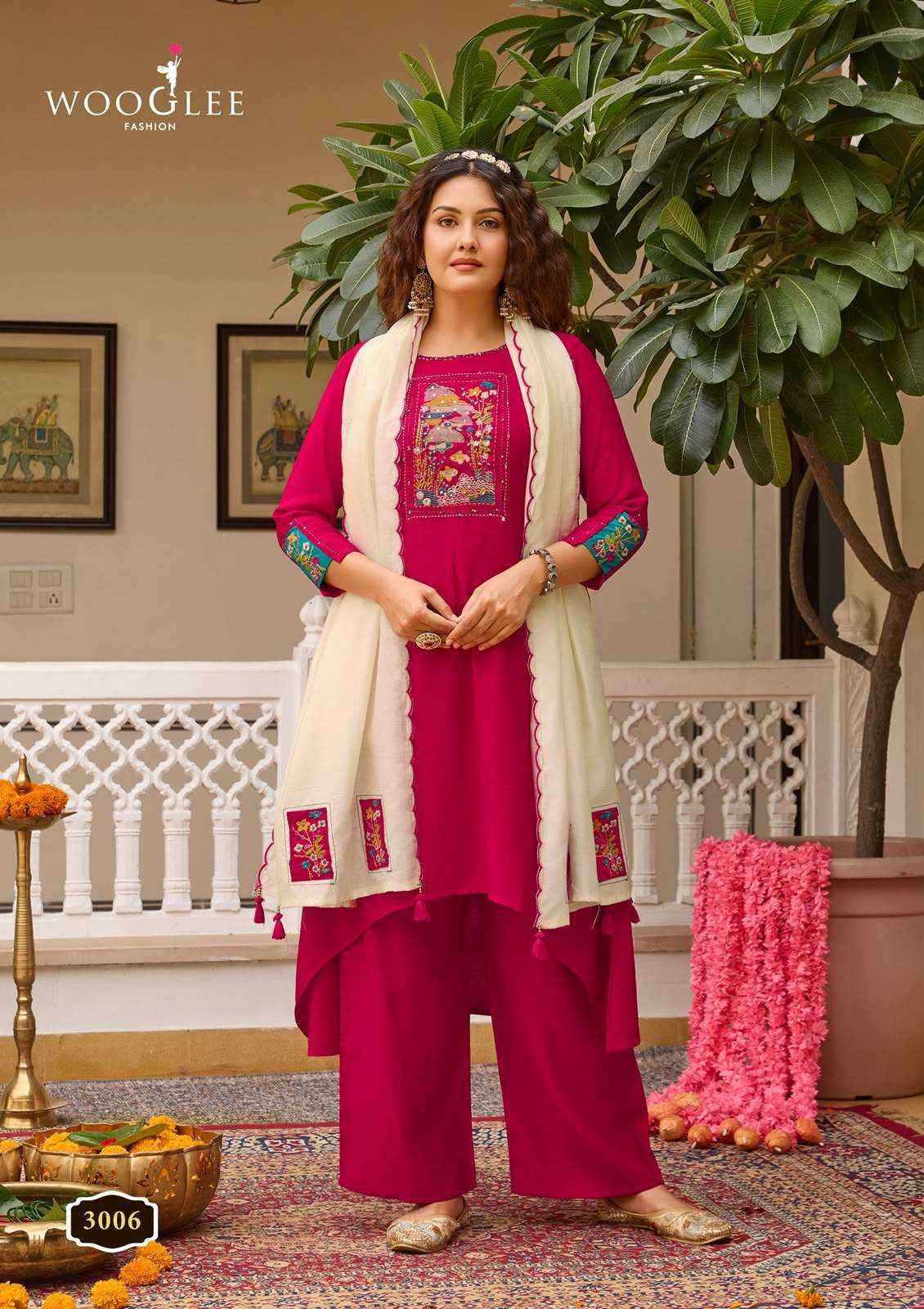 WOOGLEE UTSAVI VISCOSE FANCY WORKS LADIES KURTI BOTTOM AND DUPATTA SET 6 PCS CATALOG 