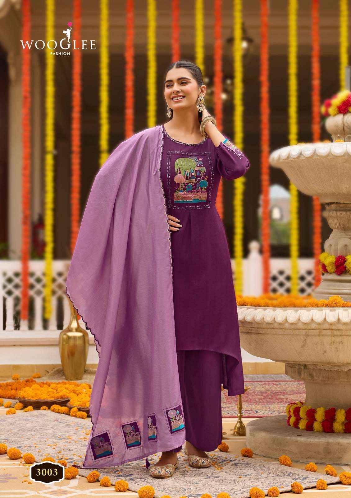 WOOGLEE UTSAVI VISCOSE FANCY WORKS LADIES KURTI BOTTOM AND DUPATTA SET 6 PCS CATALOG 