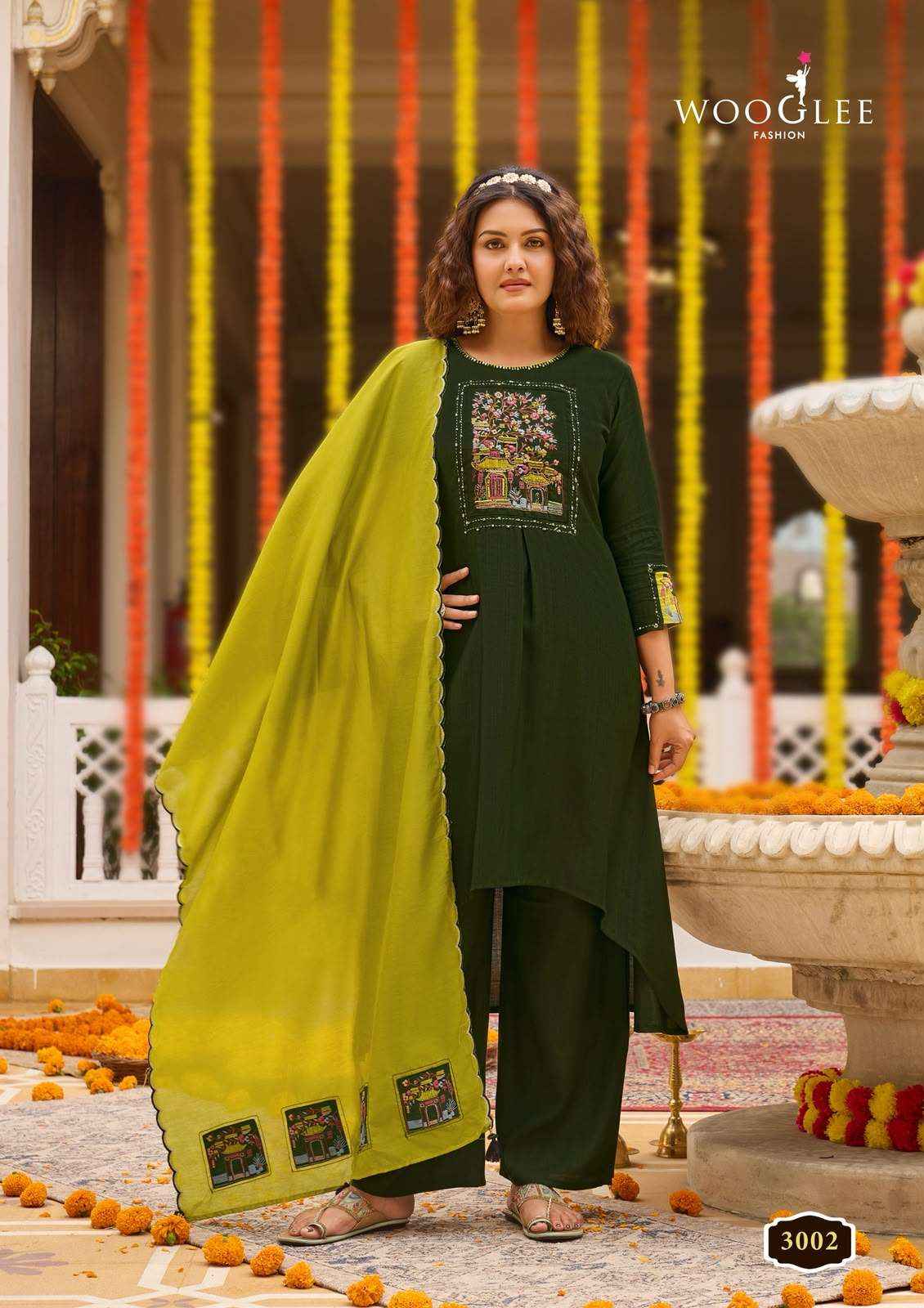 WOOGLEE UTSAVI VISCOSE FANCY WORKS LADIES KURTI BOTTOM AND DUPATTA SET 6 PCS CATALOG 