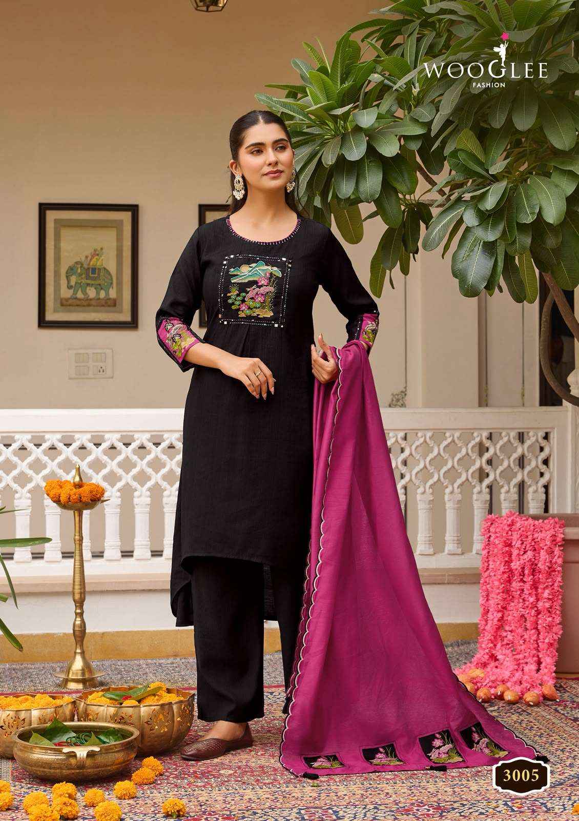 WOOGLEE UTSAVI VISCOSE FANCY WORKS LADIES KURTI BOTTOM AND DUPATTA SET 6 PCS CATALOG 