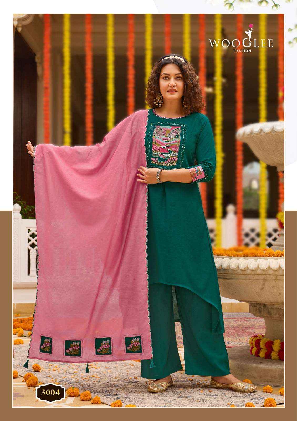 WOOGLEE UTSAVI VISCOSE FANCY WORKS LADIES KURTI BOTTOM AND DUPATTA SET 6 PCS CATALOG 