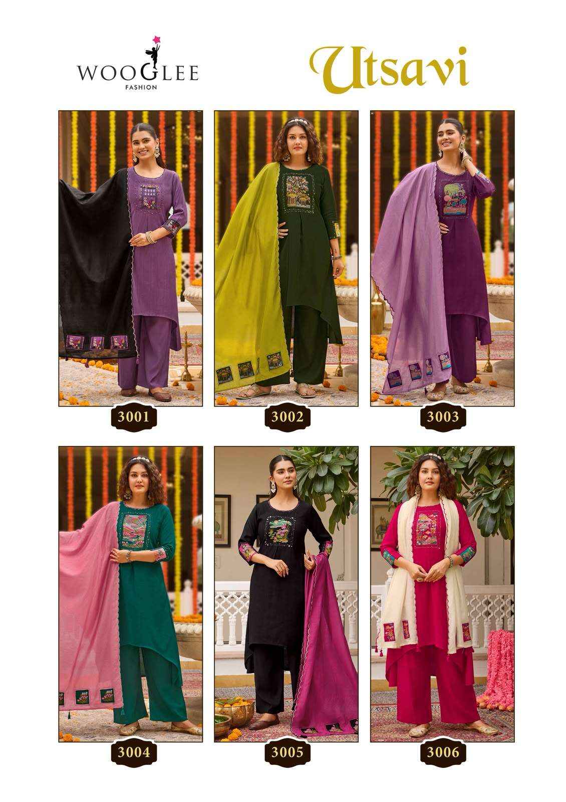 WOOGLEE UTSAVI VISCOSE FANCY WORKS LADIES KURTI BOTTOM AND DUPATTA SET 6 PCS CATALOG 