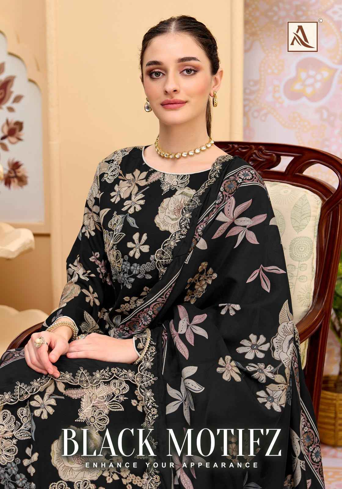 Alok Black Motifz Viscose Reyon Dress Material 6 pcs Catalog