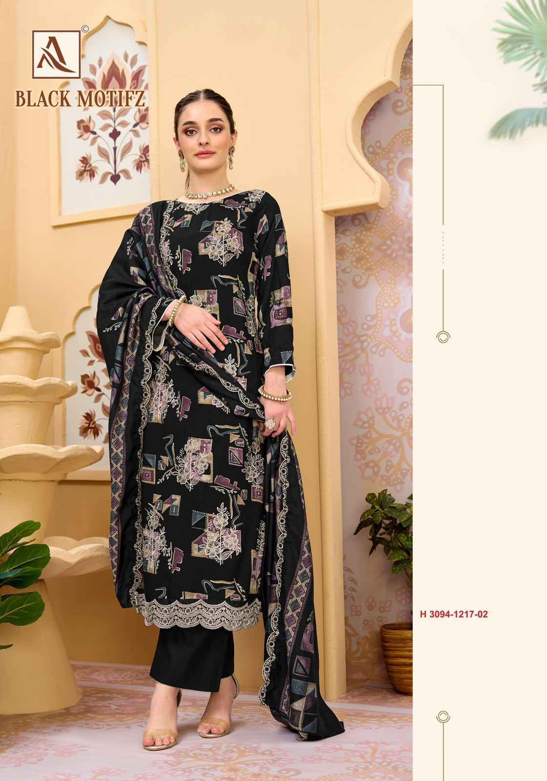 Alok Black Motifz Viscose Reyon Dress Material 6 pcs Catalog