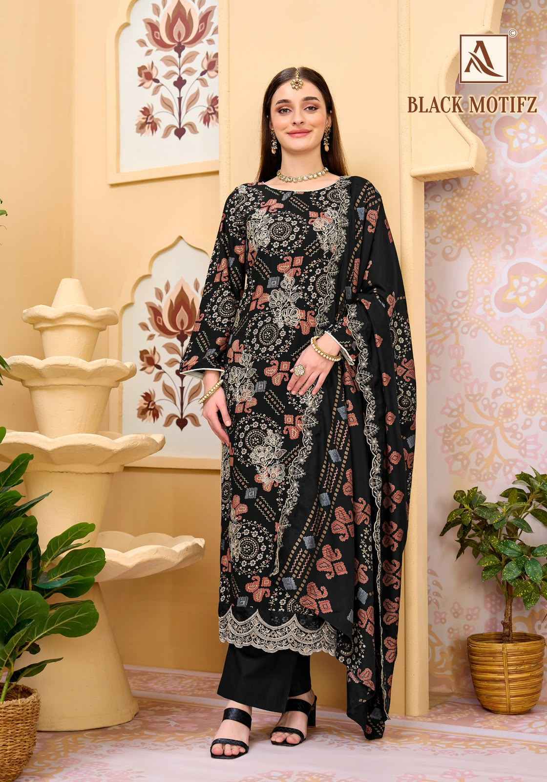 Alok Black Motifz Viscose Reyon Dress Material 6 pcs Catalog