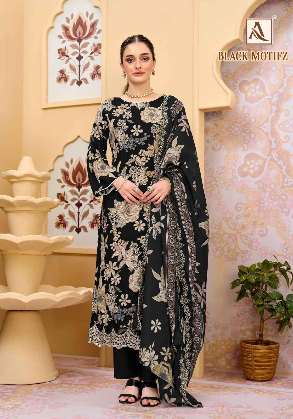 Alok Black Motifz Viscose Reyon Dress Material 6 pcs Catalog