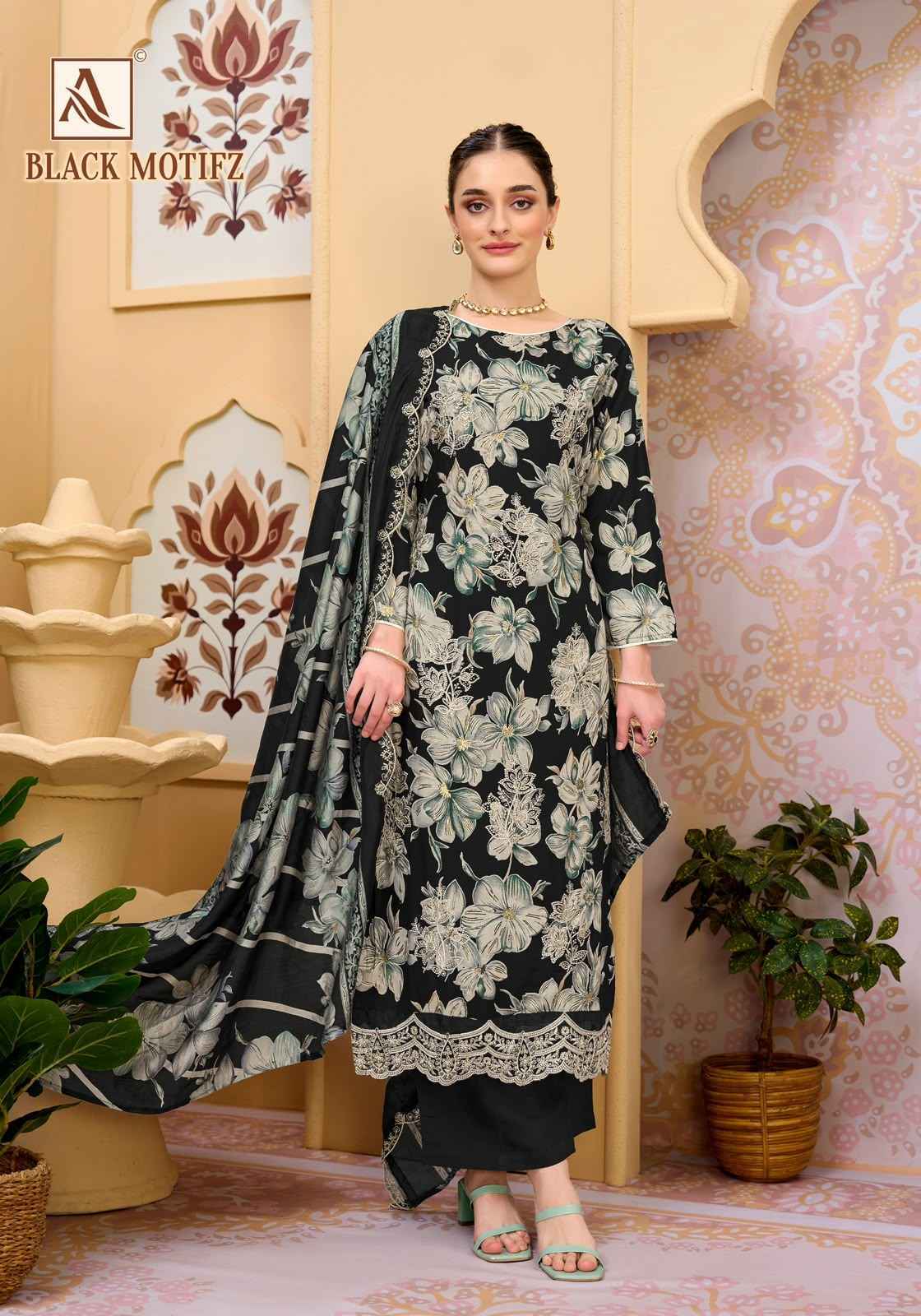 Alok Black Motifz Viscose Reyon Dress Material 6 pcs Catalog