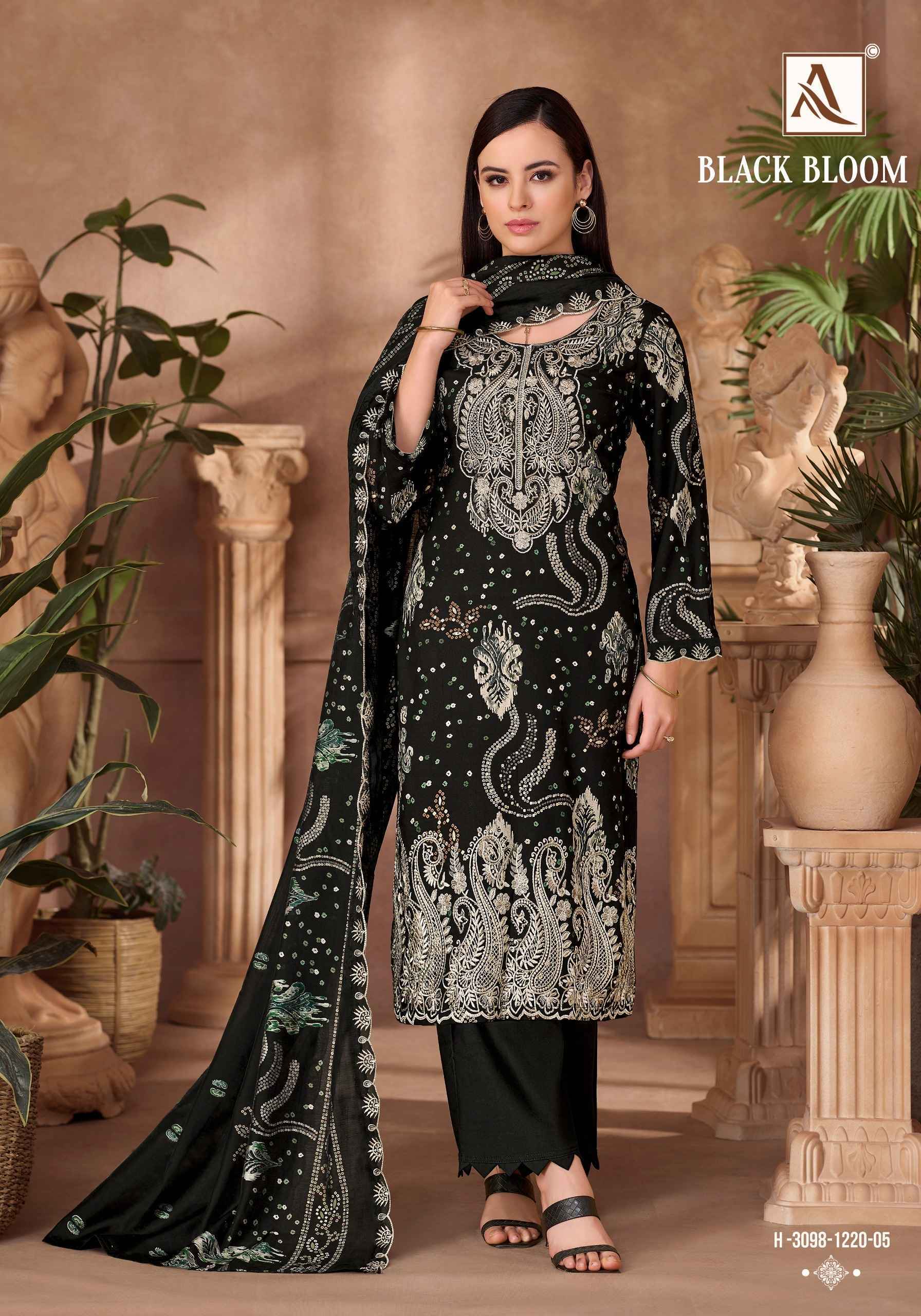 Alok Suit Black Bloom Reyon Dress Material 6 pcs Catalog