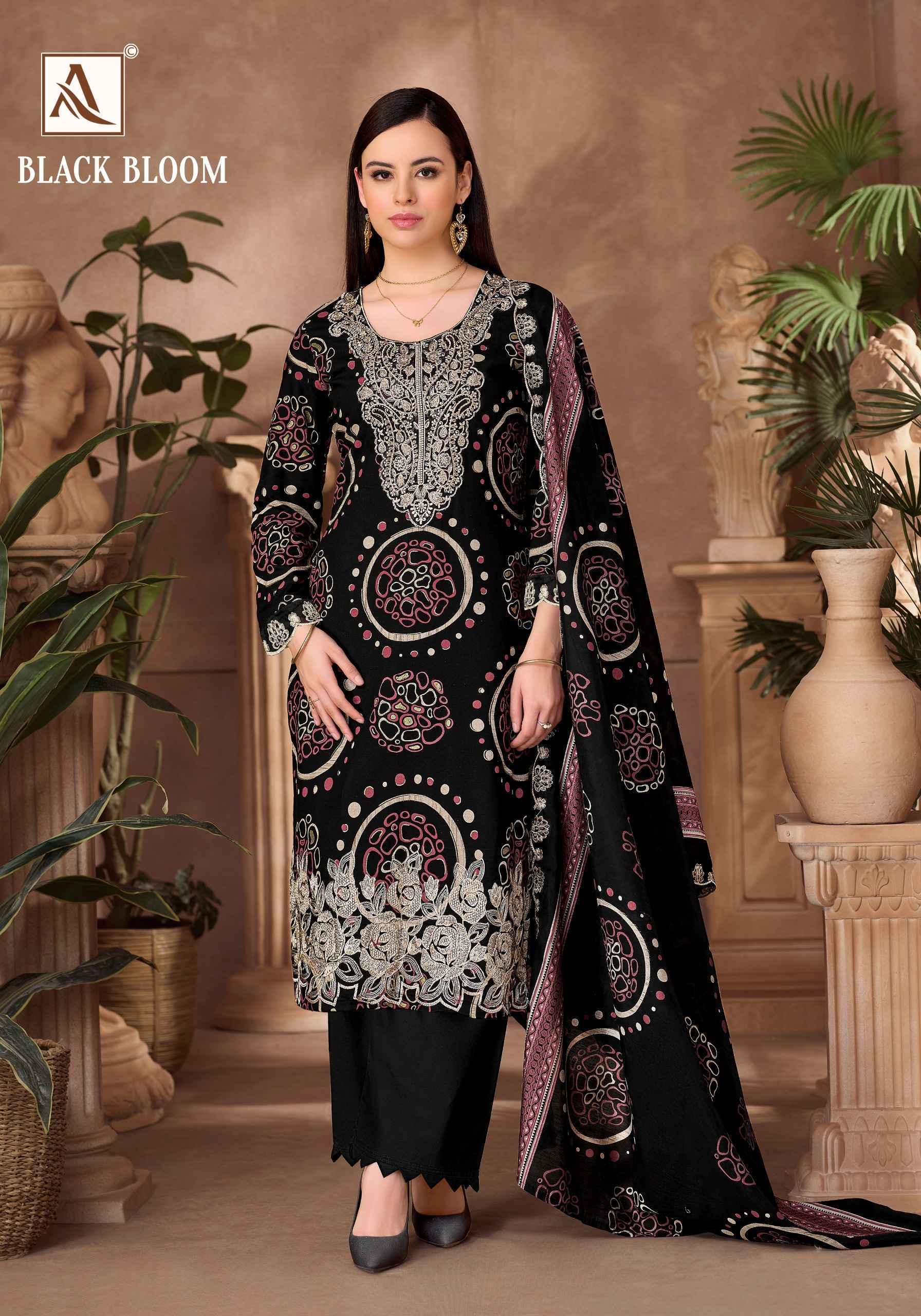 Alok Suit Black Bloom Reyon Dress Material 6 pcs Catalog