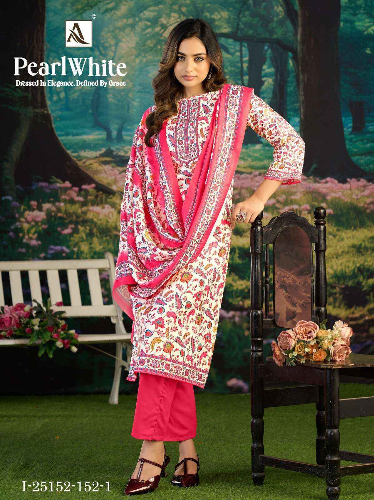 Alok White Pearl Pashmina Dress Material 6 pcs Catalog | Wholesale Textiles Surat