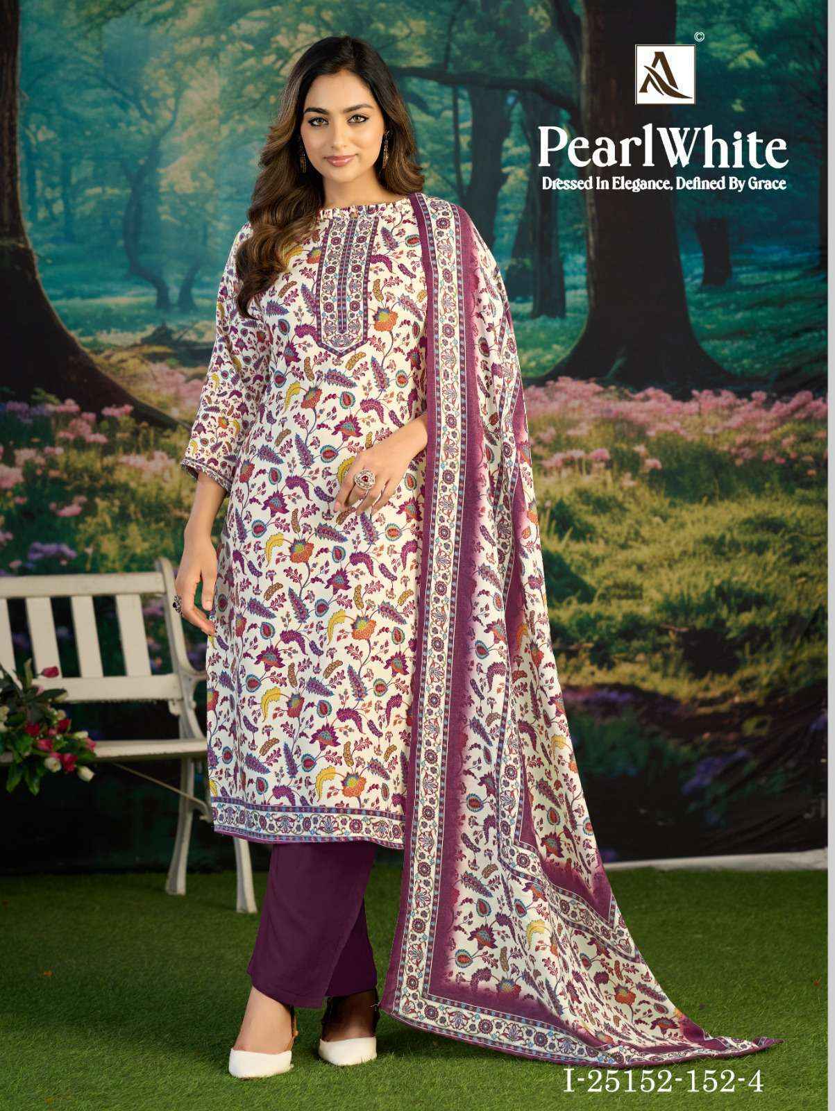 Alok White Pearl Pashmina Dress Material 6 pcs Catalog | Wholesale Textiles Surat