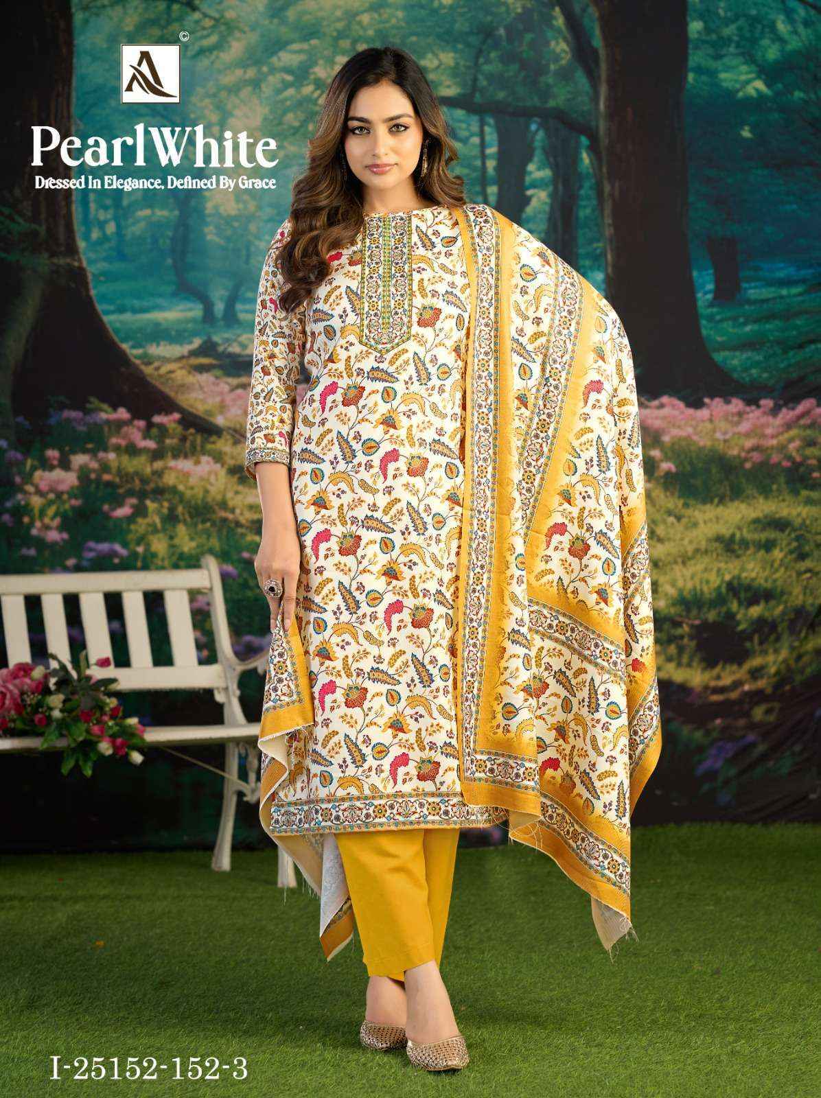 Alok White Pearl Pashmina Dress Material 6 pcs Catalog | Wholesale Textiles Surat