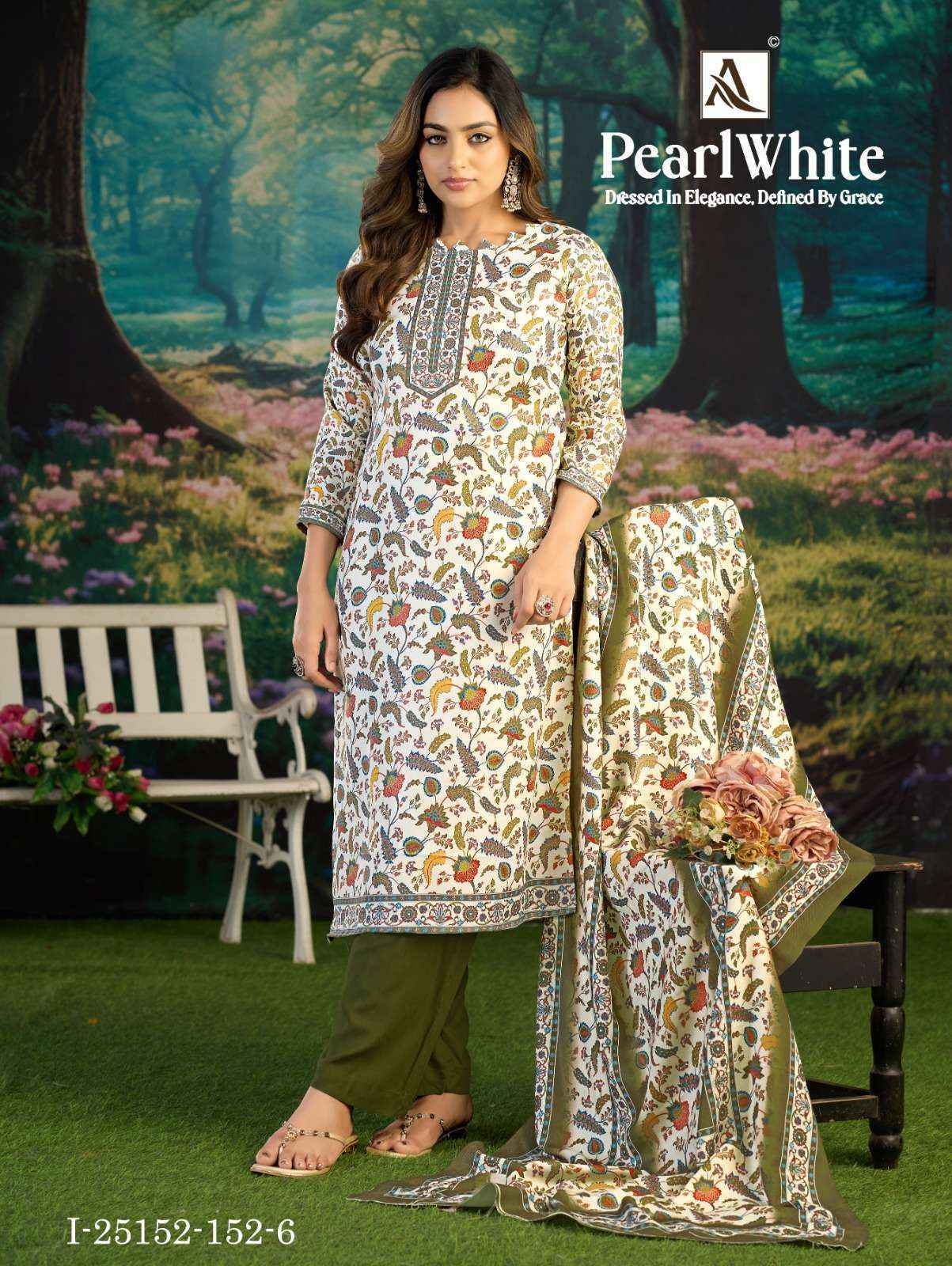 Alok White Pearl Pashmina Dress Material 6 pcs Catalog | Wholesale Textiles Surat
