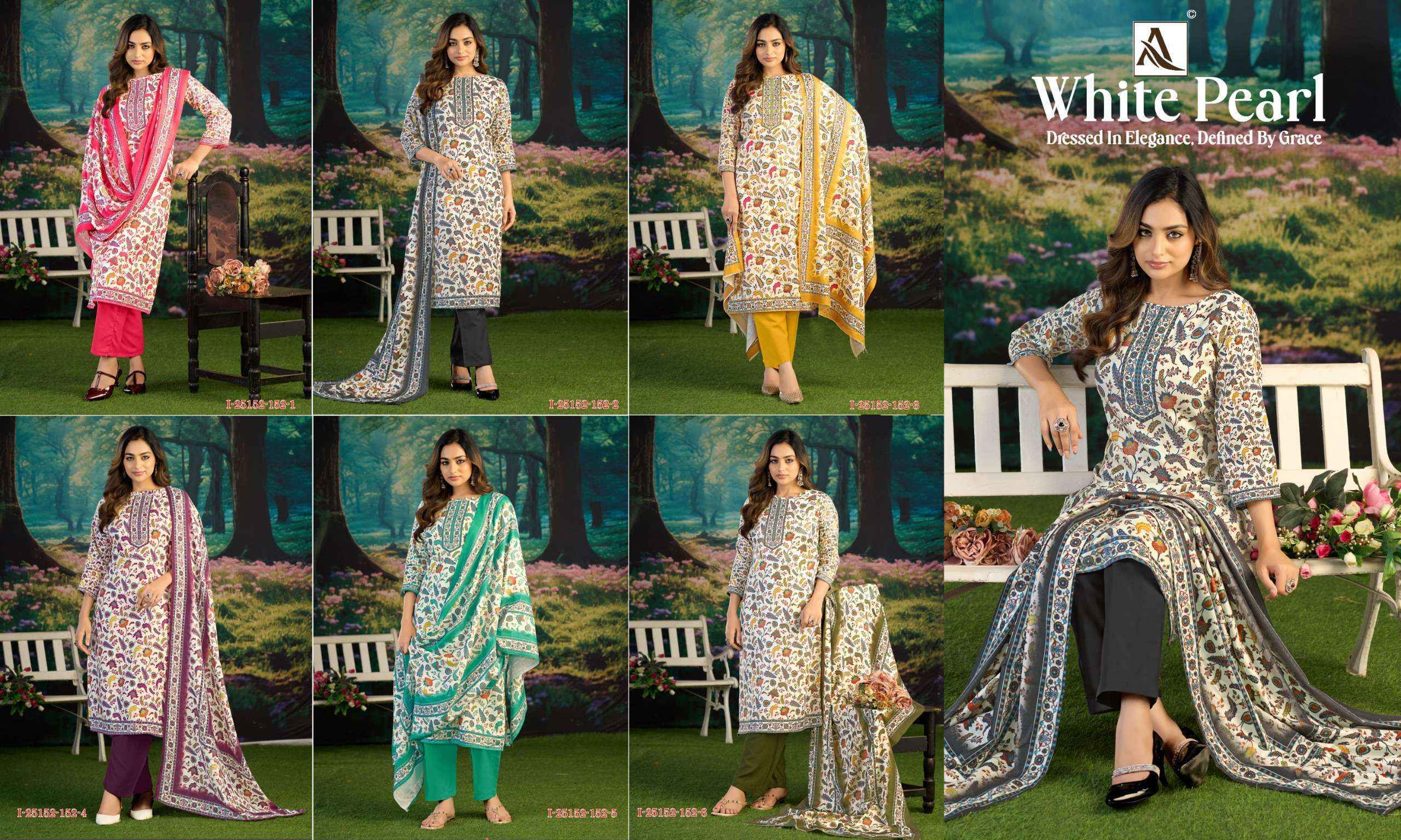 Alok White Pearl Pashmina Dress Material 6 pcs Catalog | Wholesale Textiles Surat