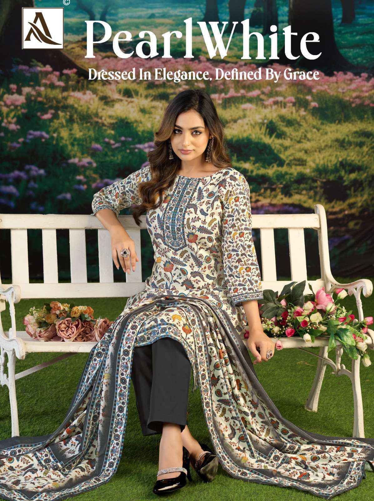 Alok White Pearl Pashmina Dress Material 6 pcs Catalog | Wholesale Textiles Surat