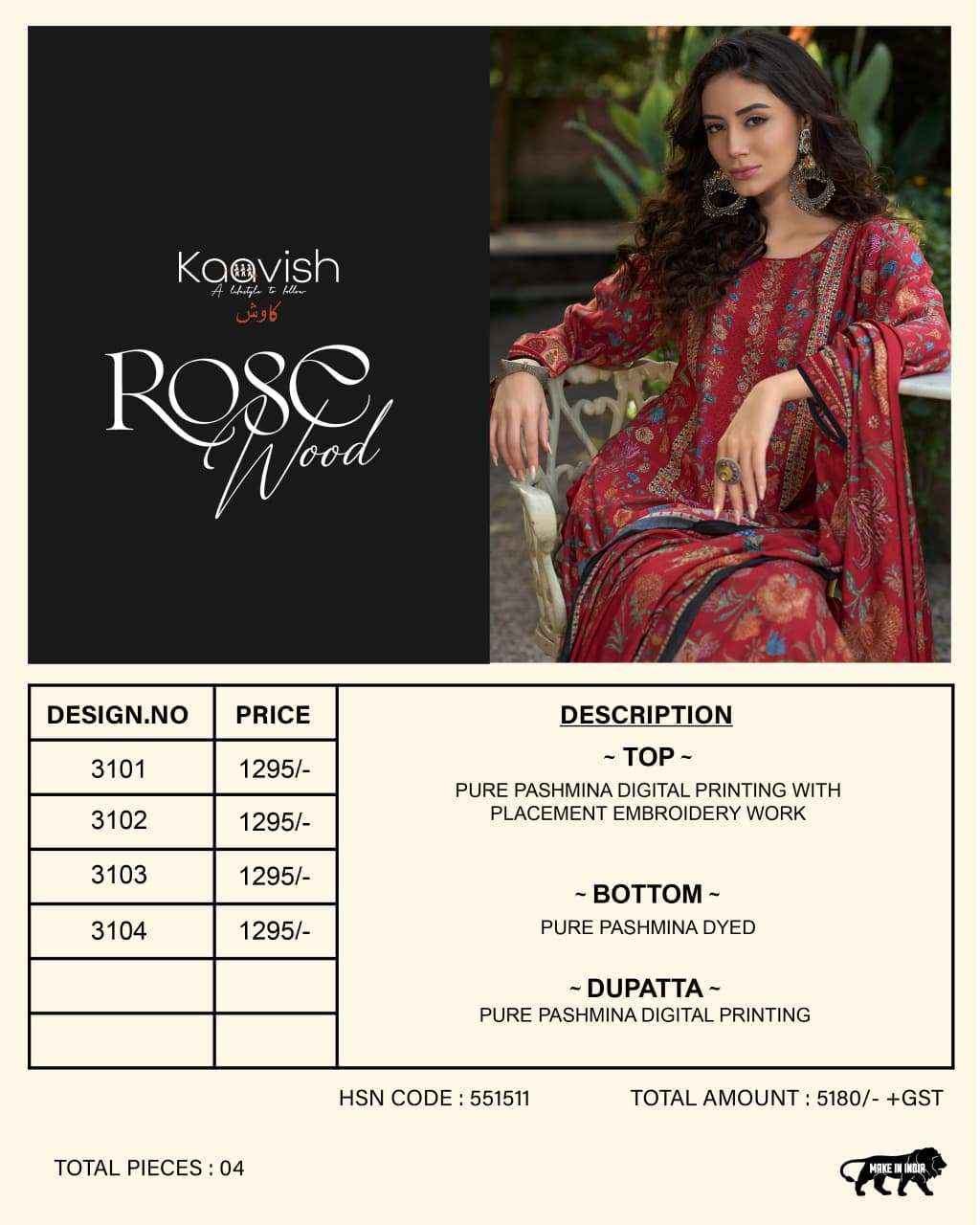 Kaavish Rosewood Pashmina Dress Materal Wholesale Price 4 Pcs Catalog