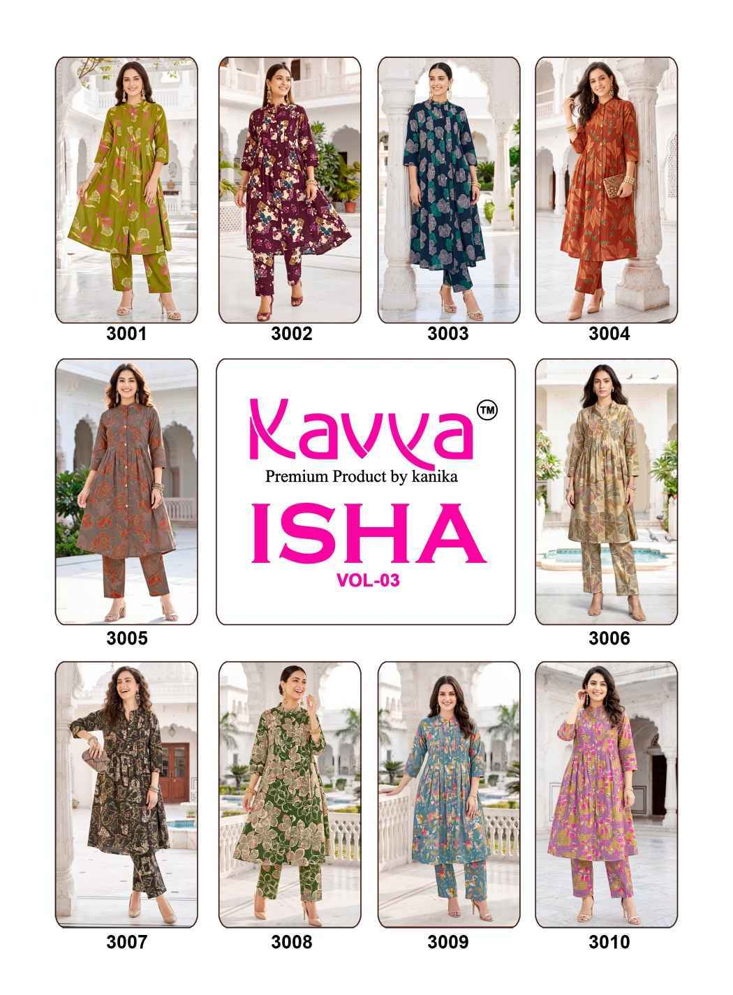 Kavya Isha Vol 3 Vatican Co Ord Set 10 pcs Catalog | factory direct wholesale clothing india for ladies