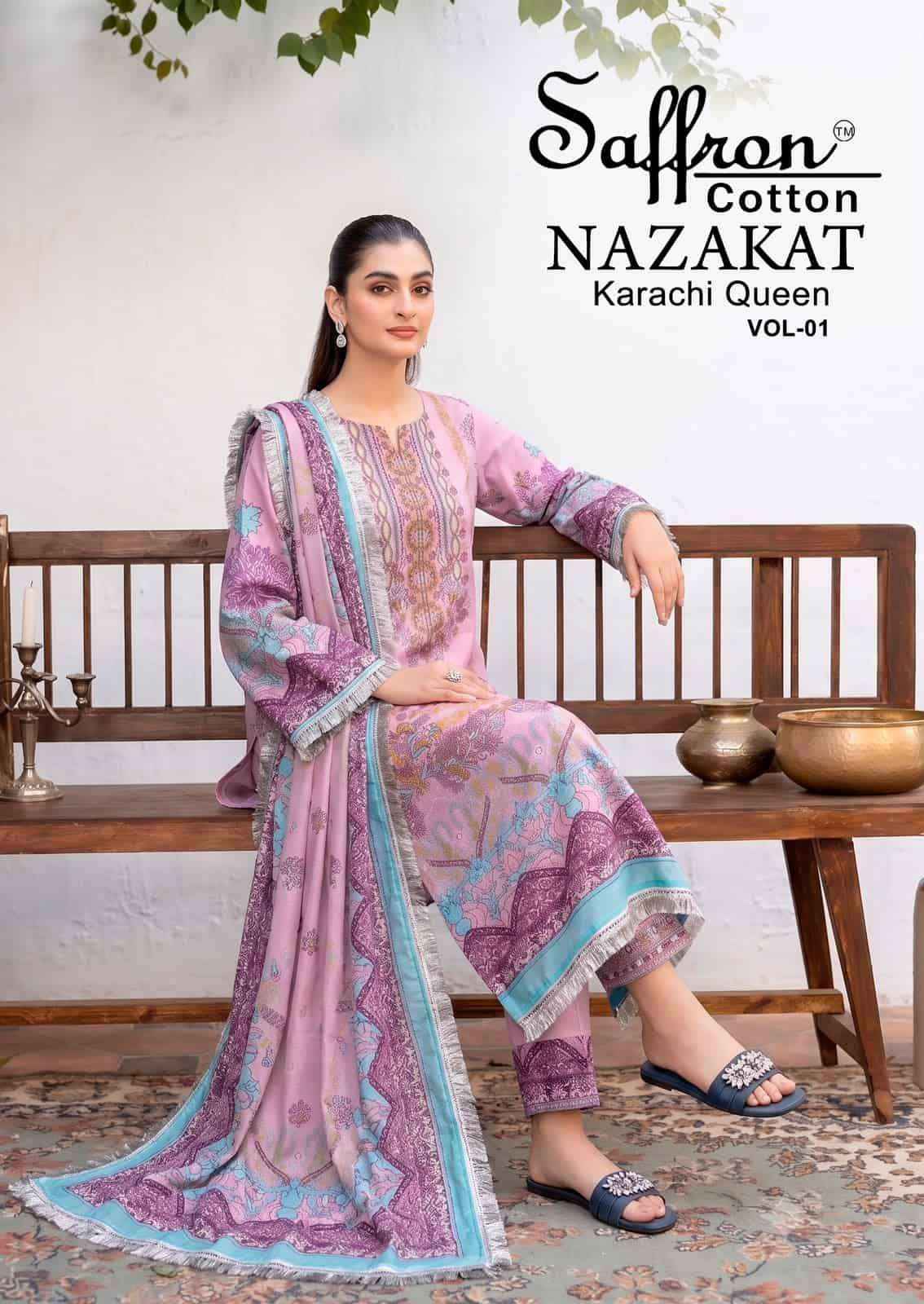 Saffron Cotton Nazakat Karachi Queen Vol 1 Soft Cotton Dress Catalog Surat