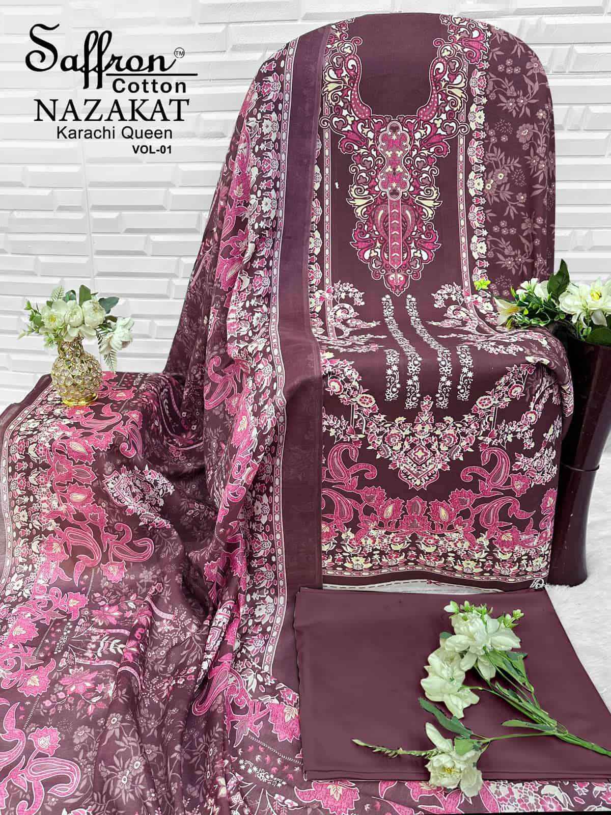 Saffron Cotton Nazakat Karachi Queen Vol 1 Soft Cotton Dress Catalog Surat
