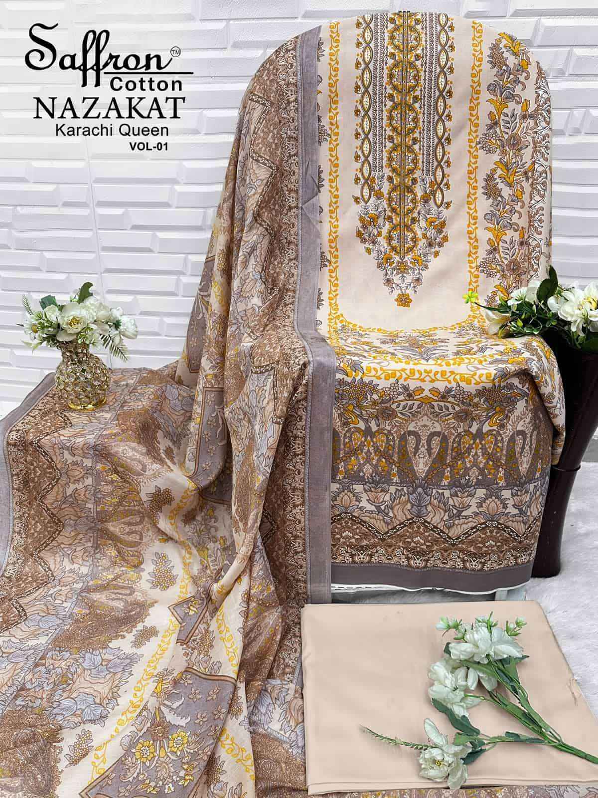 Saffron Cotton Nazakat Karachi Queen Vol 1 Soft Cotton Dress Catalog Surat