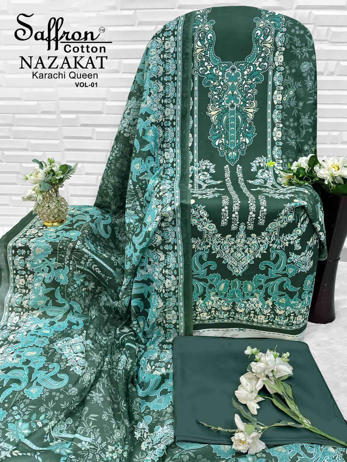 Saffron Cotton Nazakat Karachi Queen Vol 1 Soft Cotton Dress Catalog Surat