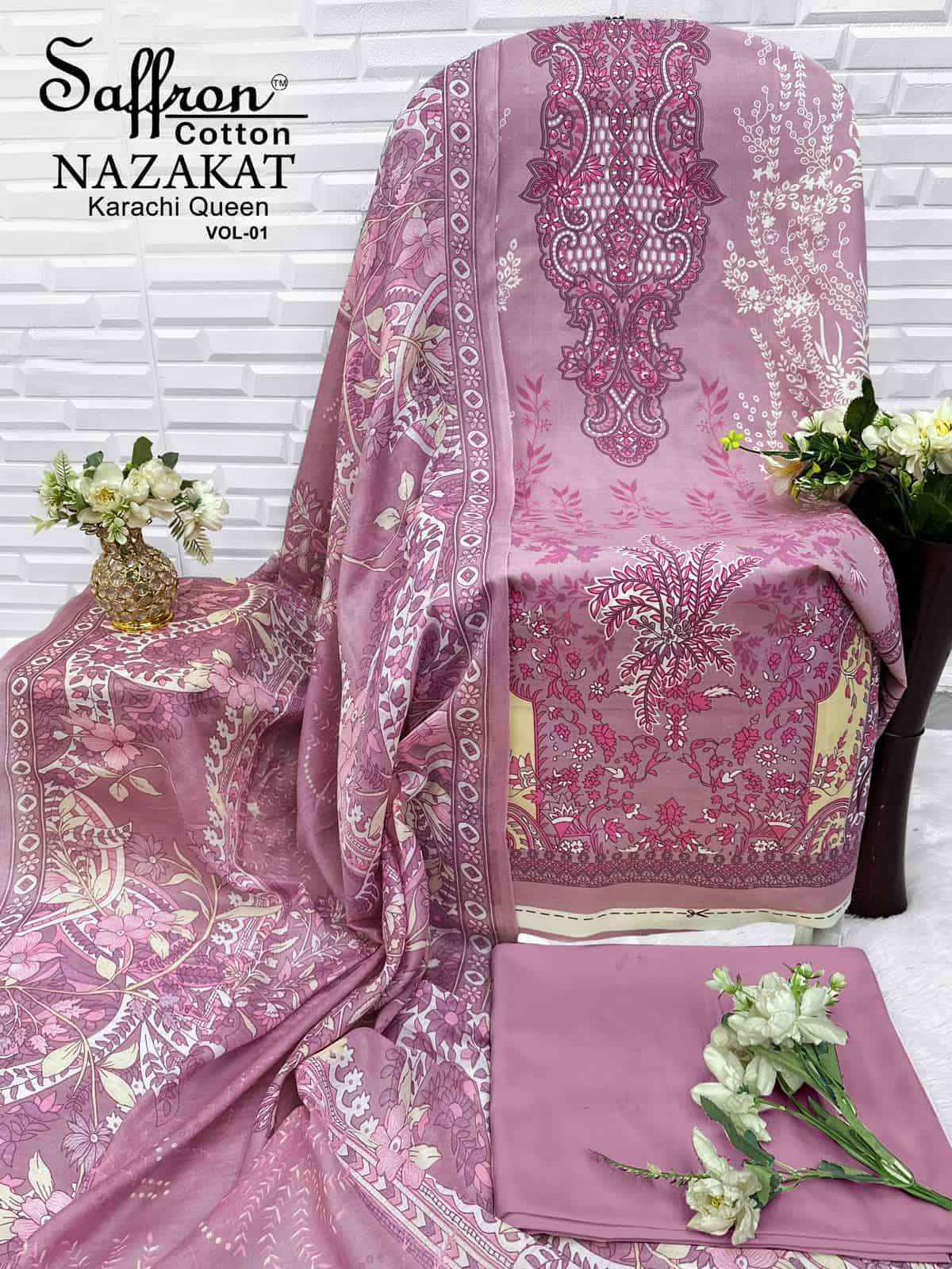 Saffron Cotton Nazakat Karachi Queen Vol 1 Soft Cotton Dress Catalog Surat