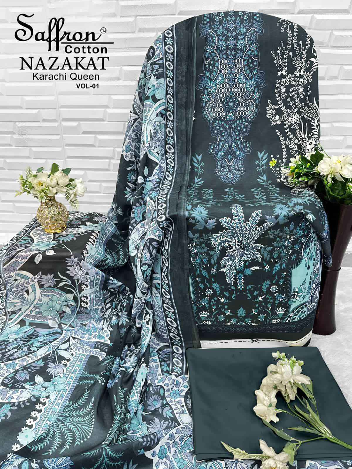 Saffron Cotton Nazakat Karachi Queen Vol 1 Soft Cotton Dress Catalog Surat