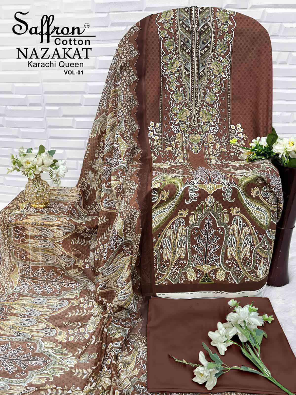 Saffron Cotton Nazakat Karachi Queen Vol 1 Soft Cotton Dress Catalog Surat