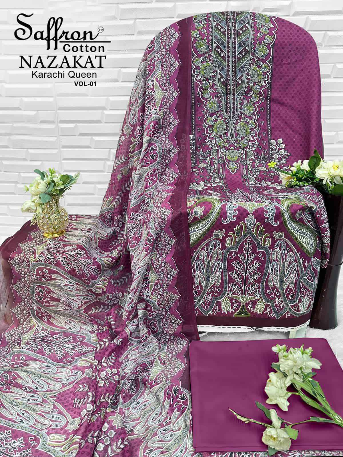 Saffron Cotton Nazakat Karachi Queen Vol 1 Soft Cotton Dress Catalog Surat