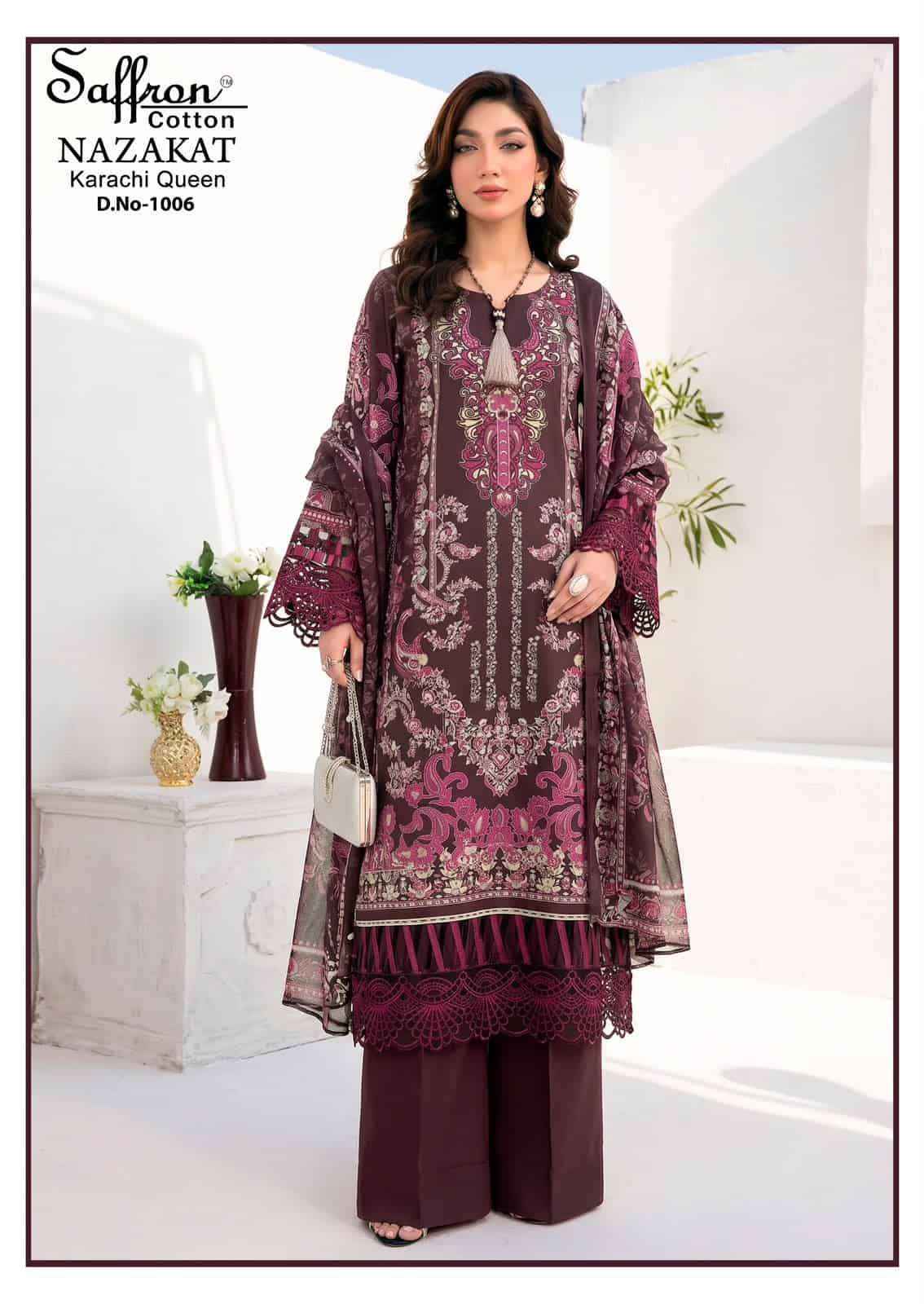 Saffron Cotton Nazakat Karachi Queen Vol 1 Soft Cotton Dress Catalog Surat