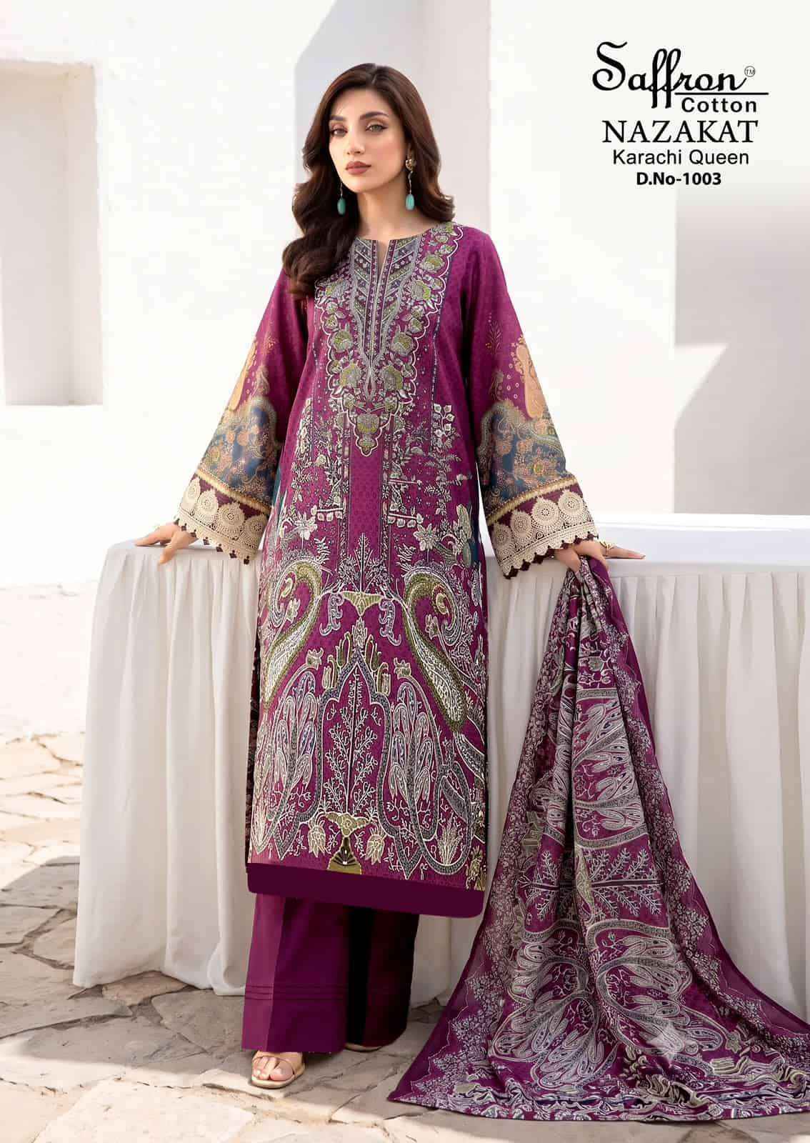 Saffron Cotton Nazakat Karachi Queen Vol 1 Soft Cotton Dress Catalog Surat