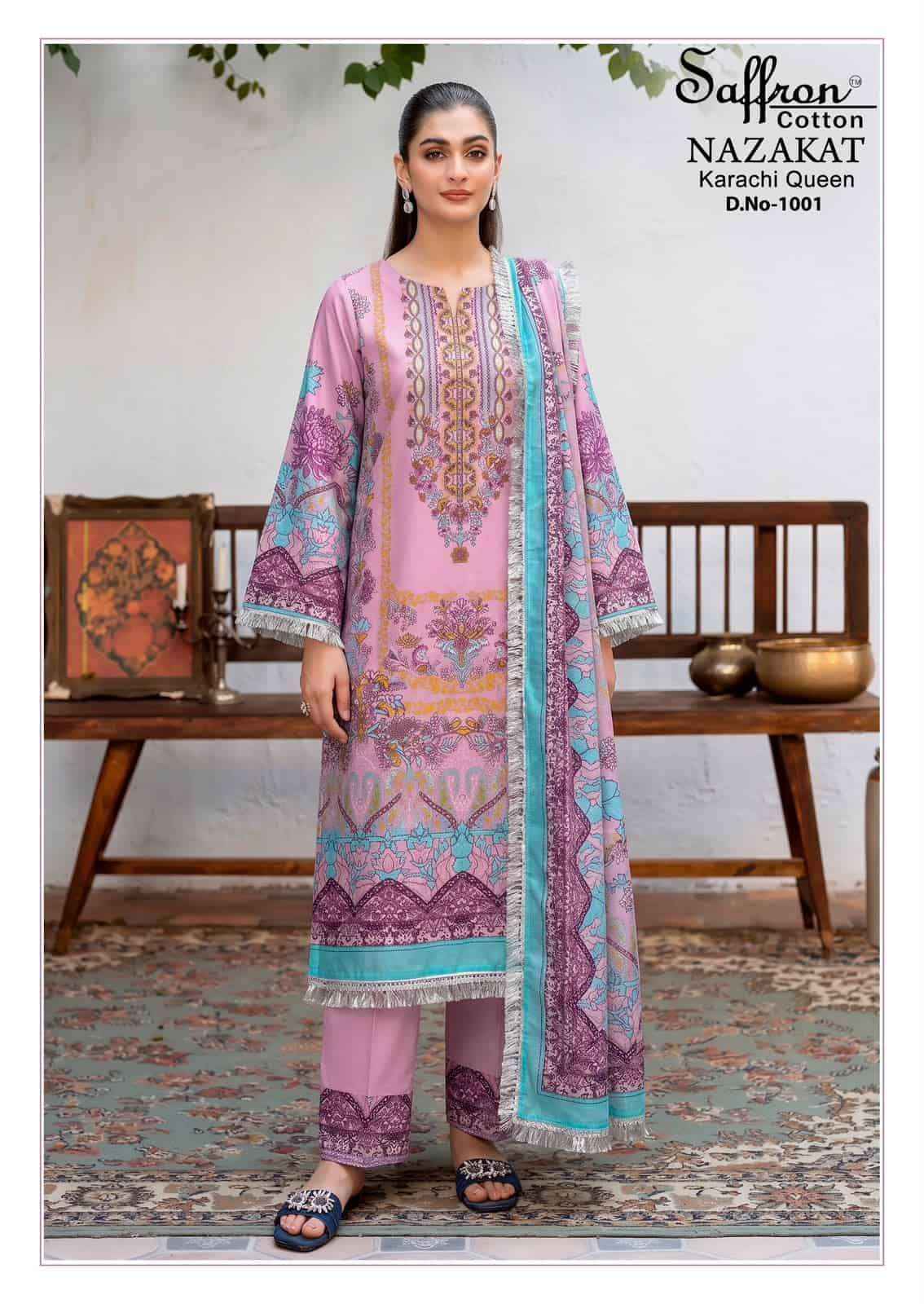 Saffron Cotton Nazakat Karachi Queen Vol 1 Soft Cotton Dress Catalog Surat