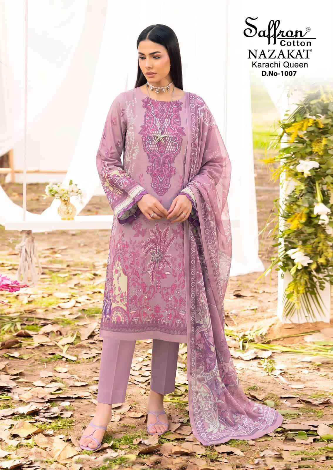 Saffron Cotton Nazakat Karachi Queen Vol 1 Soft Cotton Dress Catalog Surat