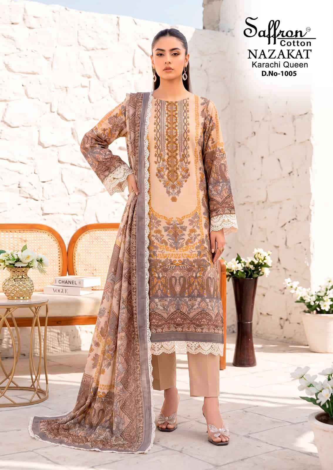 Saffron Cotton Nazakat Karachi Queen Vol 1 Soft Cotton Dress Catalog Surat