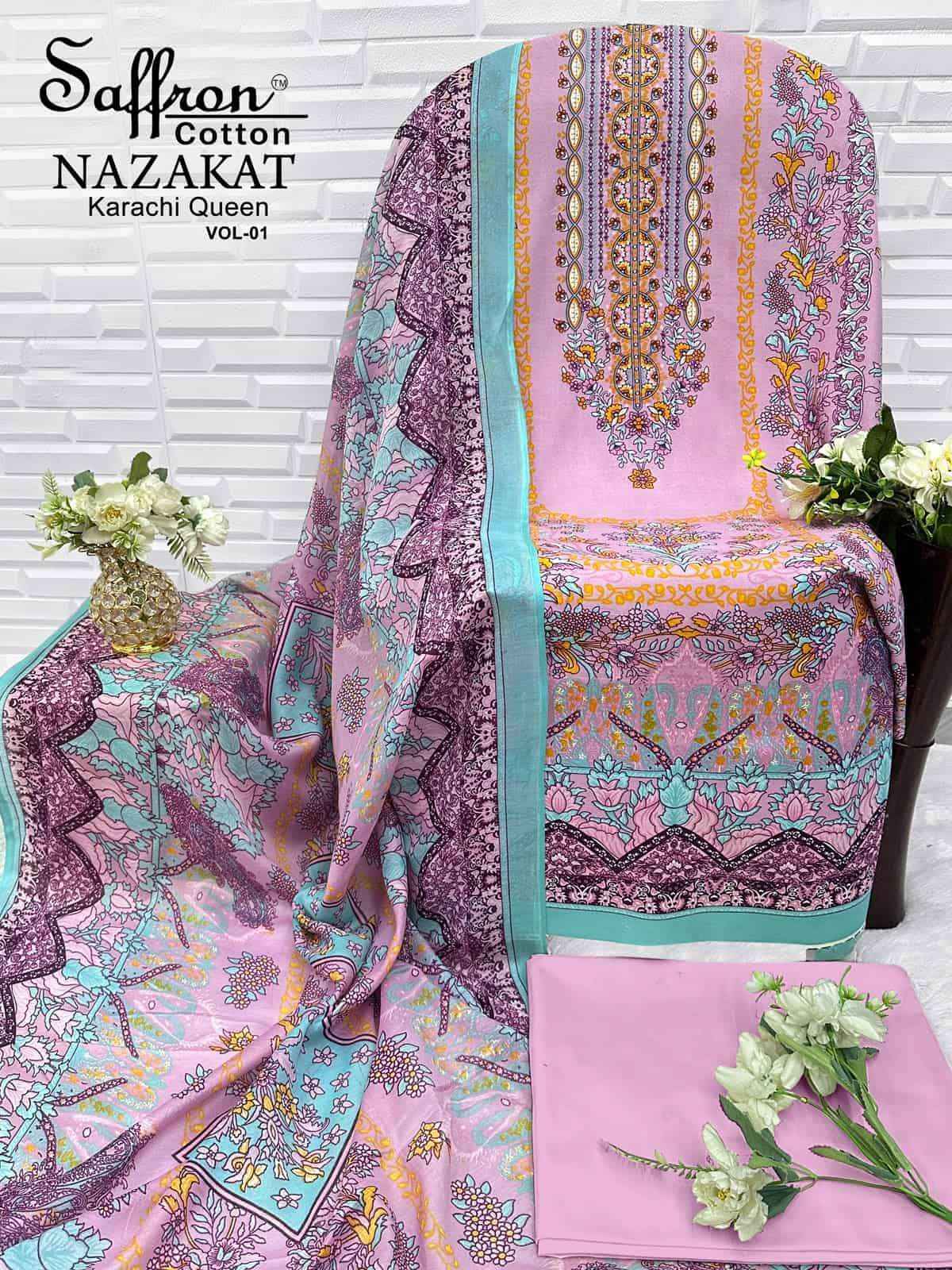 Saffron Cotton Nazakat Karachi Queen Vol 1 Soft Cotton Dress Catalog Surat