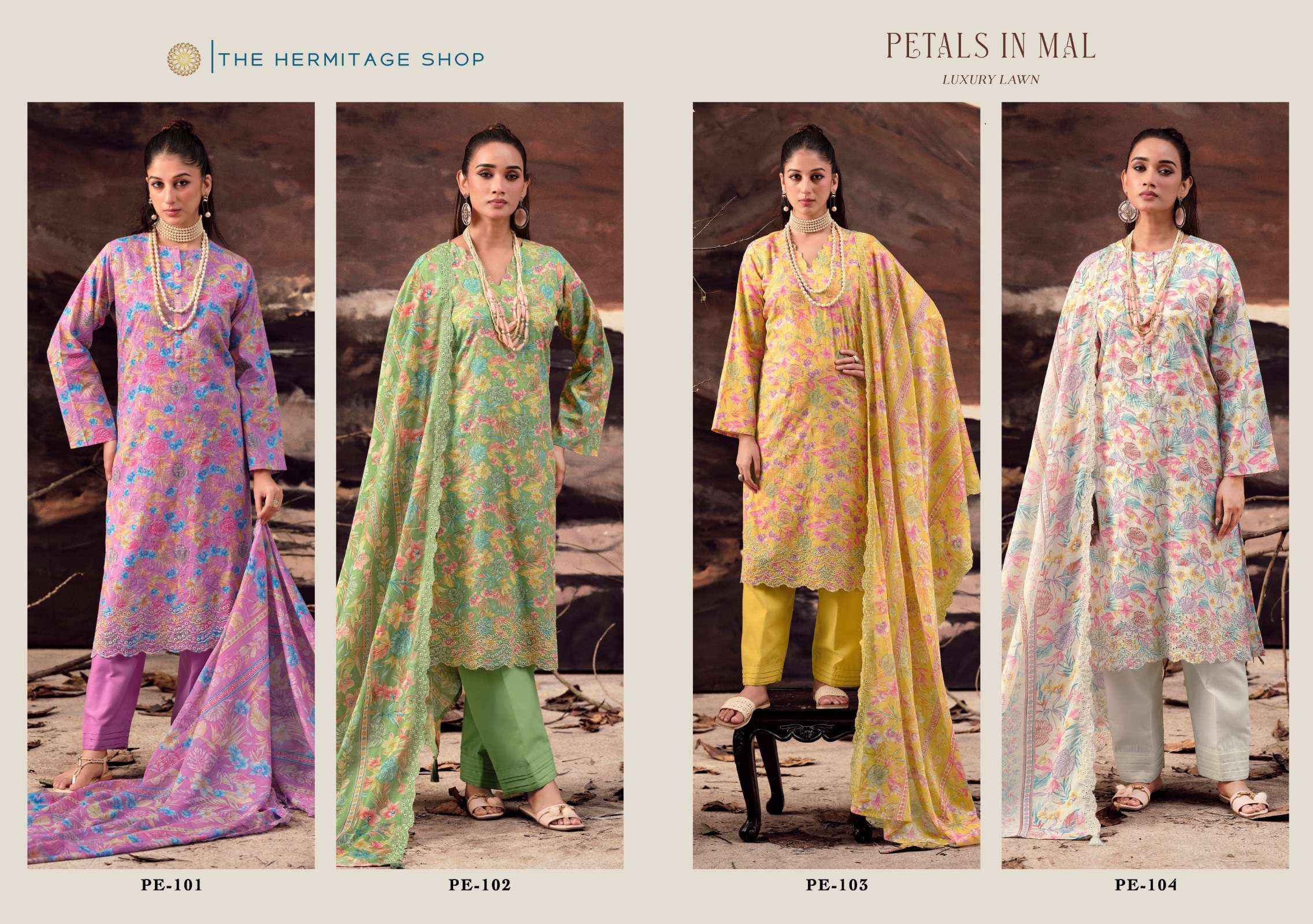 THE HERMITAGE SHOP PETALS IN MAL LAWN COTTON DRESS MATERIAL 4 PCS CATALOG
